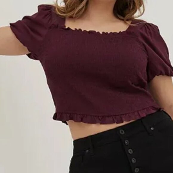 Torrid Stretch Challis Smocked Puff Sleeve Crop Top Burgundy Plus Size 5X NEW - Picture 1 of 13